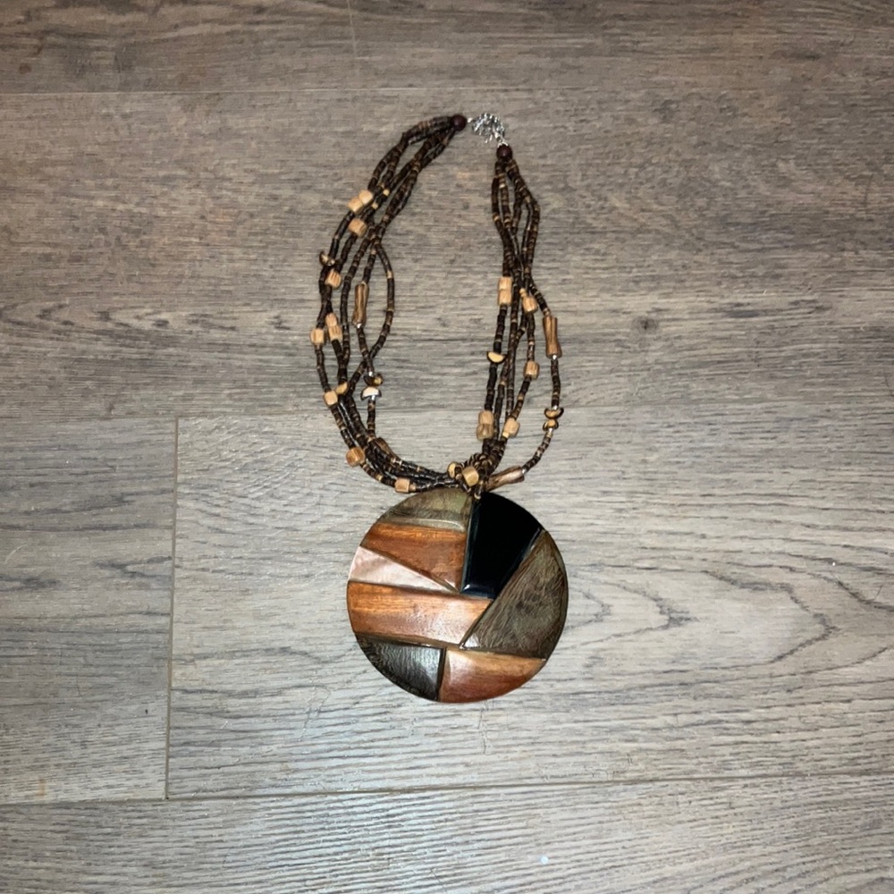 Wooden Beaded Necklace with Geometric Pendant